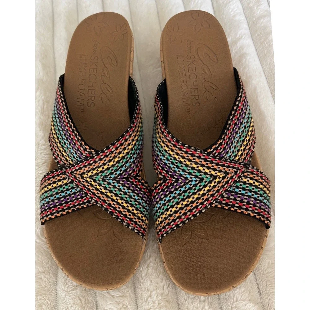 Skechers Cali Luxe Foam Womens Multi Color Woven Cork Wedge Sandals Slides